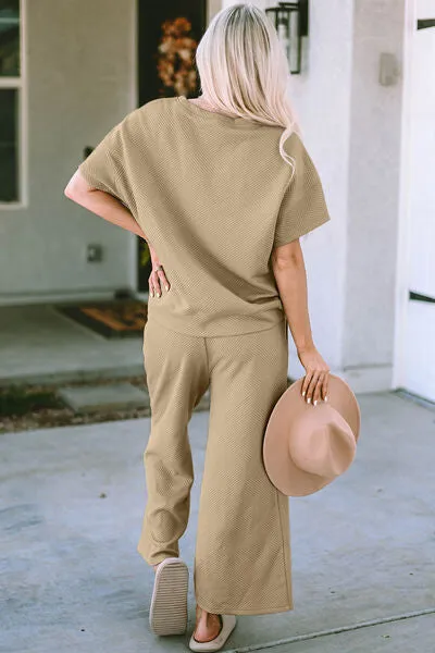 Jenelle Full Size Texture Short Sleeve Top and Pants Set