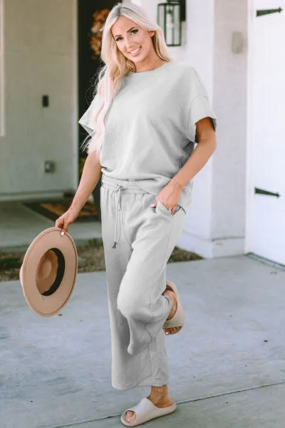 Jenelle Full Size Texture Short Sleeve Top and Pants Set