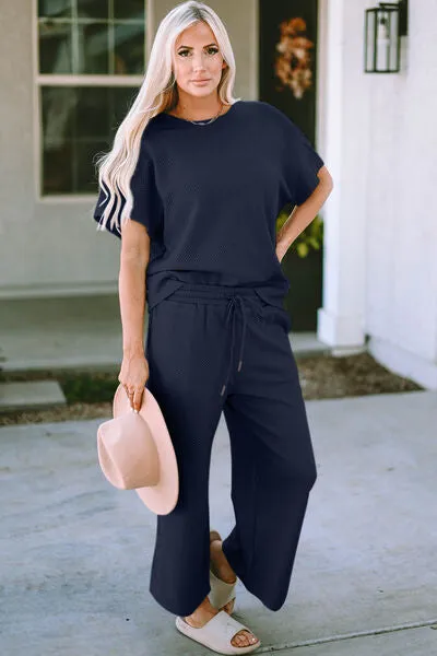 Jenelle Full Size Texture Short Sleeve Top and Pants Set
