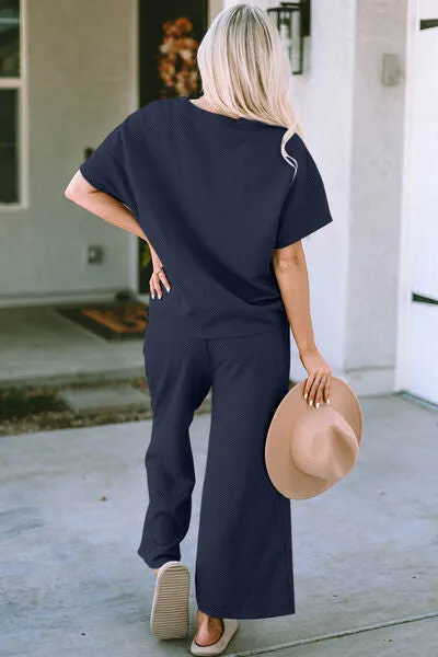 Jenelle Full Size Texture Short Sleeve Top and Pants Set