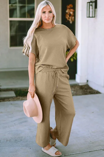 Jenelle Full Size Texture Short Sleeve Top and Pants Set