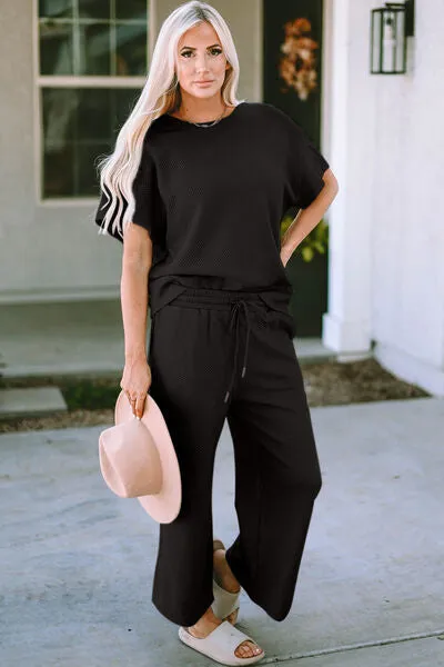 Jenelle Full Size Texture Short Sleeve Top and Pants Set