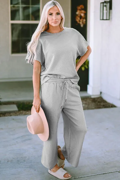 Jenelle Full Size Texture Short Sleeve Top and Pants Set