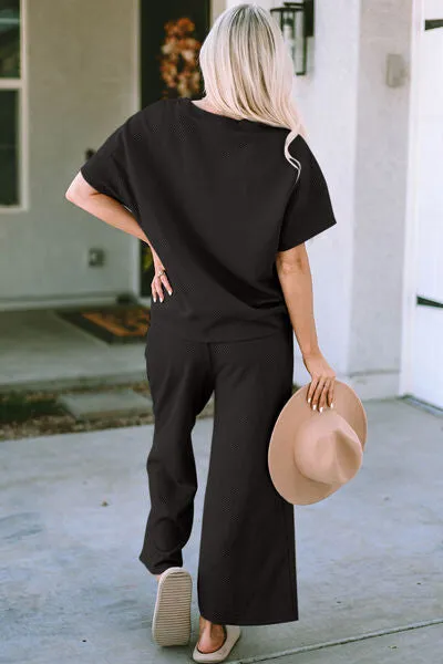 Jenelle Full Size Texture Short Sleeve Top and Pants Set