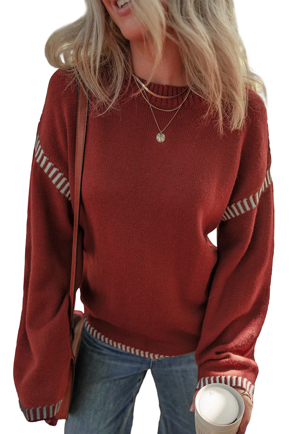 KaleaBoutique Color Contrast Trim Drop Shoulder Crew Neck Sweater
