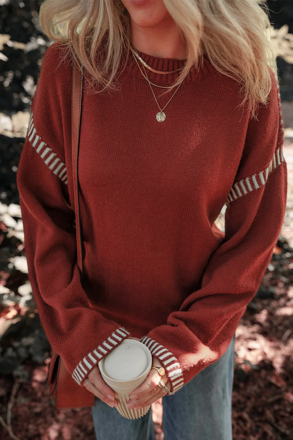 KaleaBoutique Color Contrast Trim Drop Shoulder Crew Neck Sweater