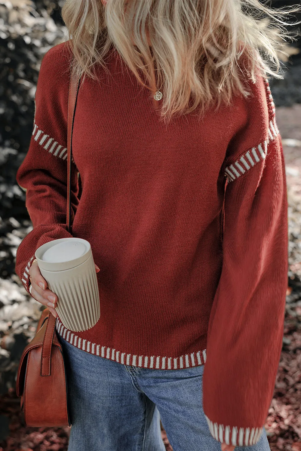 KaleaBoutique Color Contrast Trim Drop Shoulder Crew Neck Sweater