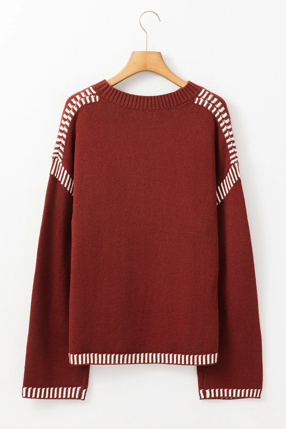 KaleaBoutique Color Contrast Trim Drop Shoulder Crew Neck Sweater