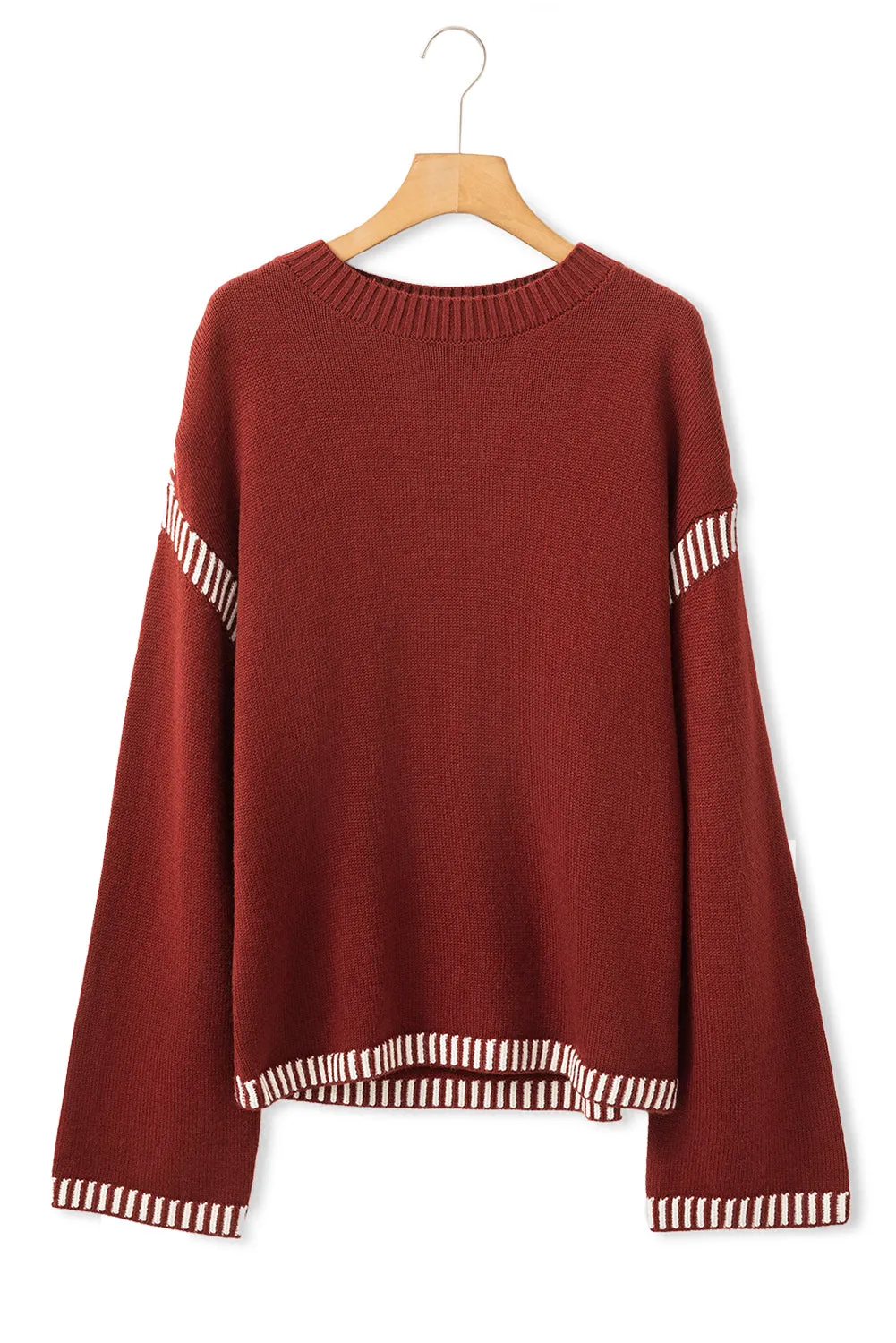 KaleaBoutique Color Contrast Trim Drop Shoulder Crew Neck Sweater
