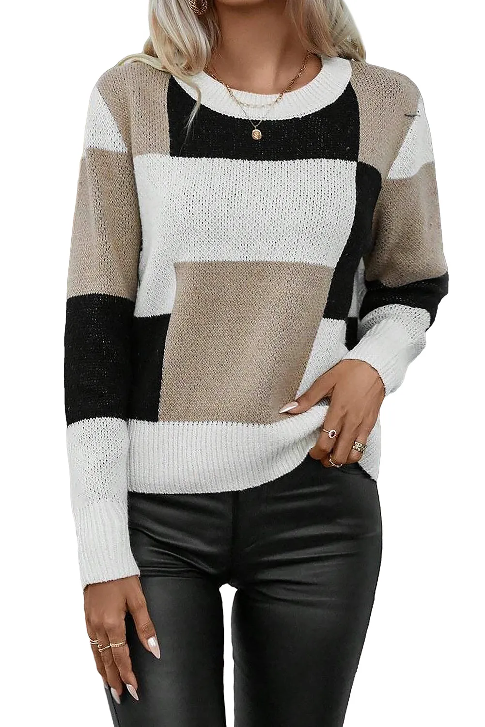 KaleaBoutique Plaid Patchwork Long Sleeve Knitted Sweater