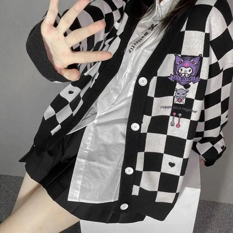 Kawaii Black Cardigan with Sanrio Kuromi Embroidery for Y2K Style