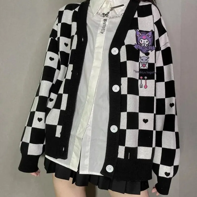 Kawaii Black Cardigan with Sanrio Kuromi Embroidery for Y2K Style