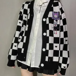 Kawaii Black Cardigan with Sanrio Kuromi Embroidery for Y2K Style