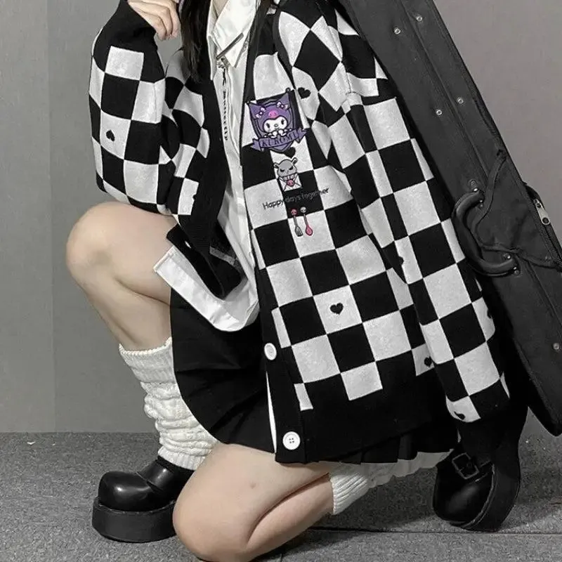 Kawaii Black Cardigan with Sanrio Kuromi Embroidery for Y2K Style