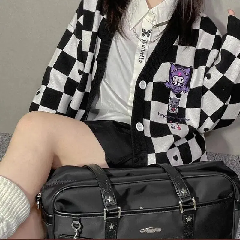 Kawaii Black Cardigan with Sanrio Kuromi Embroidery for Y2K Style