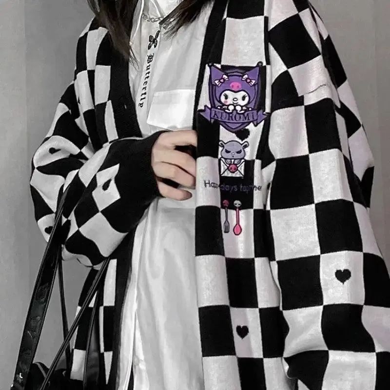 Kawaii Black Cardigan with Sanrio Kuromi Embroidery for Y2K Style