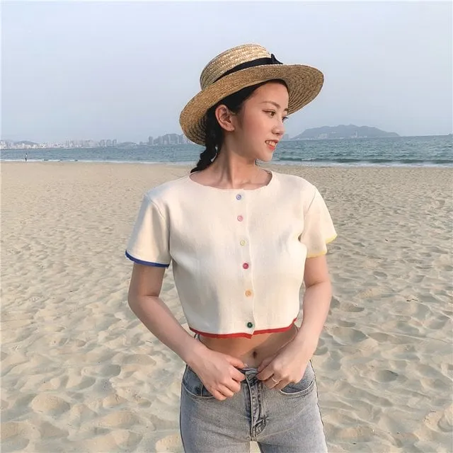 Kawaii Double Color Button Crop Top