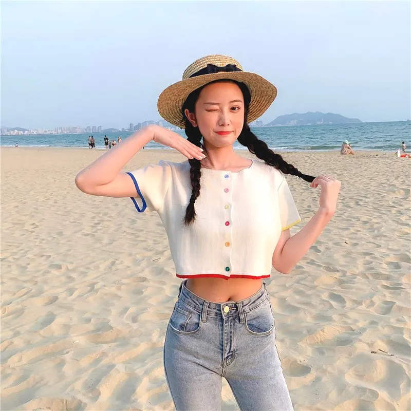Kawaii Double Color Button Crop Top
