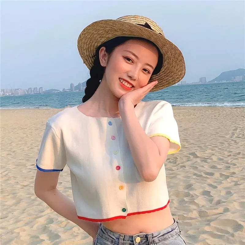 Kawaii Double Color Button Crop Top