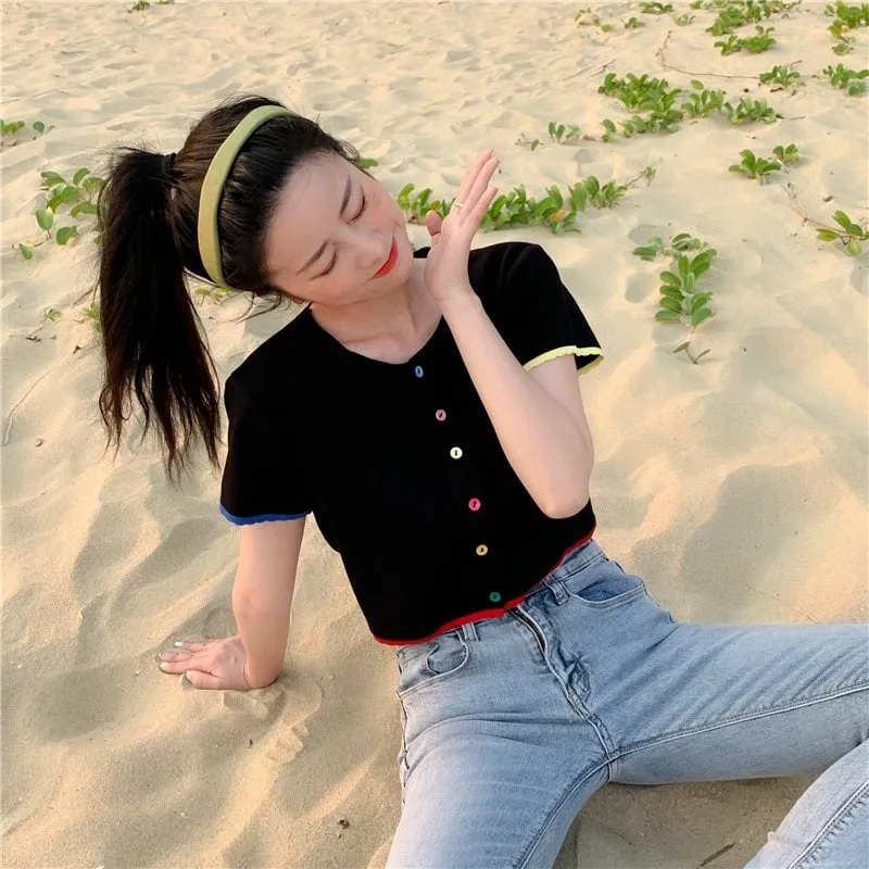 Kawaii Double Color Button Crop Top