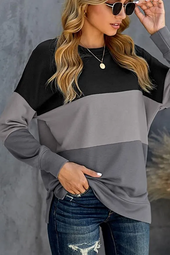 KINGFEN Womens Crewneck Ultra Soft Sweatshirt Striped Oversized Long Sleeve Shirts Color Block Tunic Tops, Size Medium