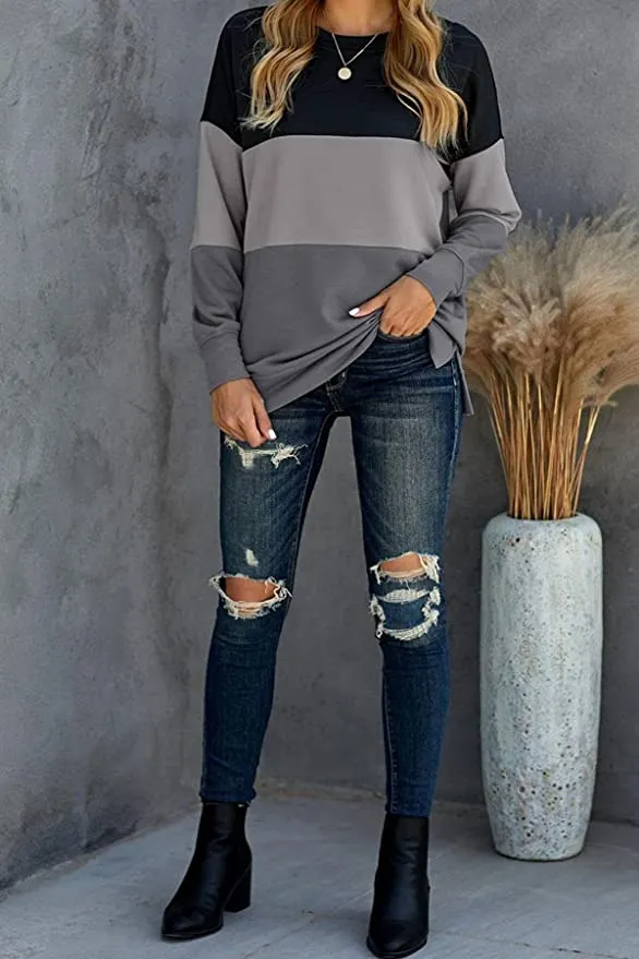 KINGFEN Womens Crewneck Ultra Soft Sweatshirt Striped Oversized Long Sleeve Shirts Color Block Tunic Tops, Size Medium