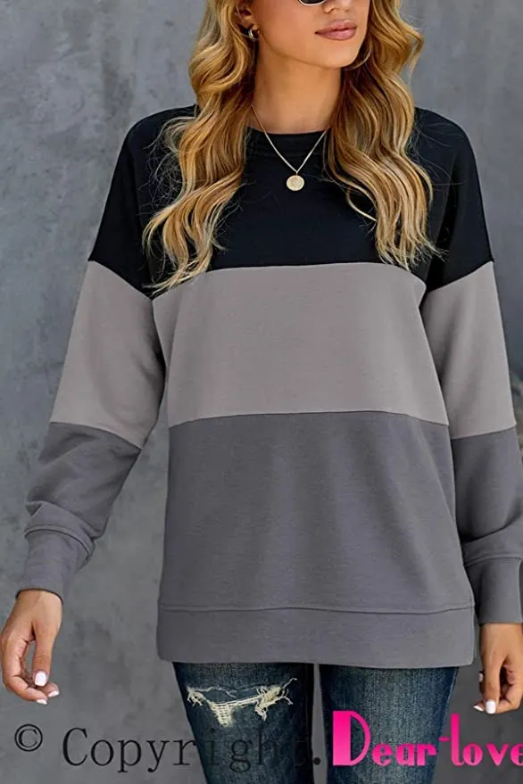 KINGFEN Womens Crewneck Ultra Soft Sweatshirt Striped Oversized Long Sleeve Shirts Color Block Tunic Tops, Size Medium