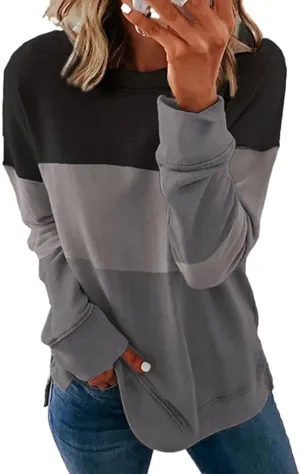 KINGFEN Womens Crewneck Ultra Soft Sweatshirt Striped Oversized Long Sleeve Shirts Color Block Tunic Tops, Size Medium