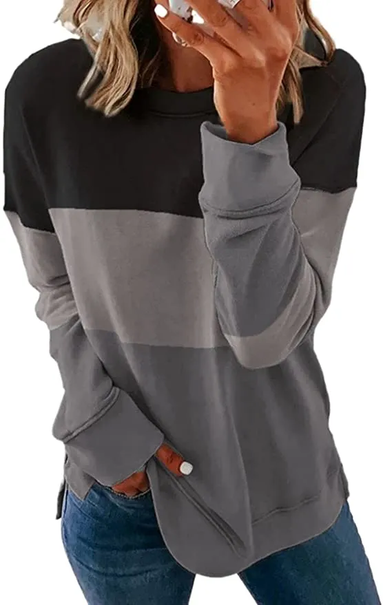 KINGFEN Womens Crewneck Ultra Soft Sweatshirt Striped Oversized Long Sleeve Shirts Color Block Tunic Tops, Size Medium