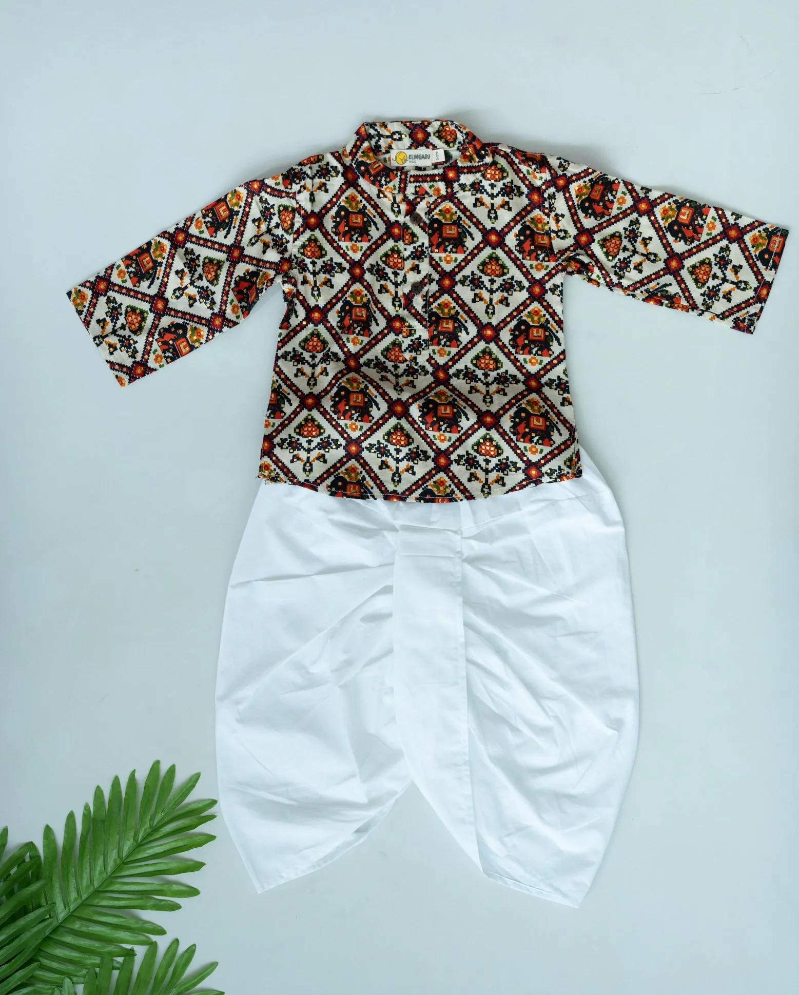 Klingaru Full Sleeves Short Kurta - Beige Patola Glaze Cotton