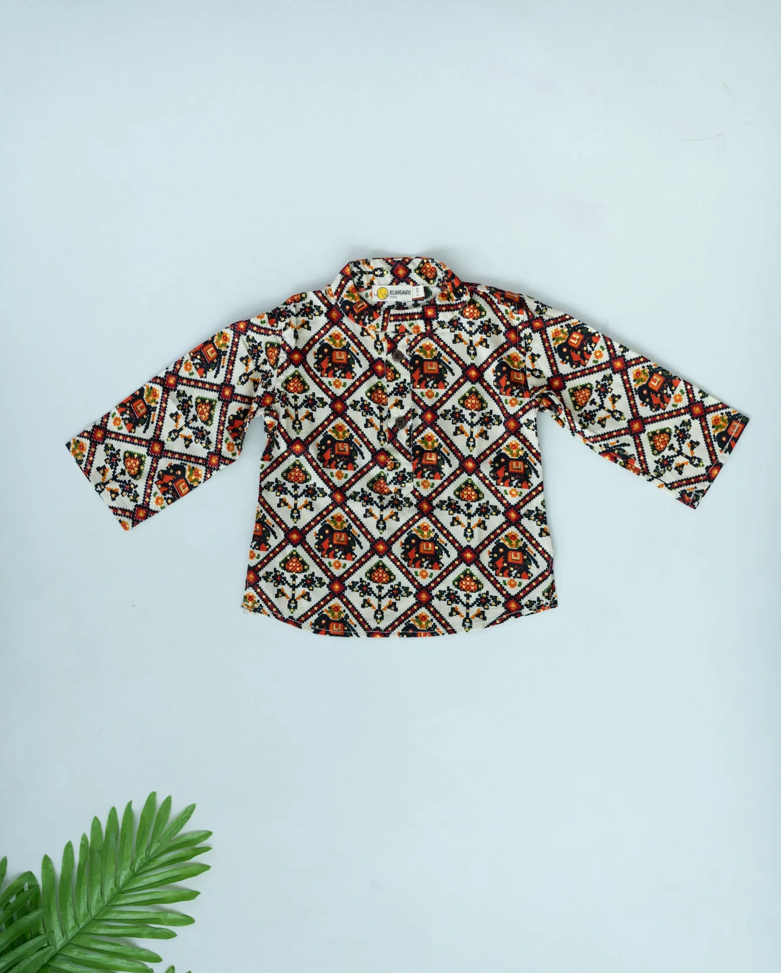 Klingaru Full Sleeves Short Kurta - Beige Patola Glaze Cotton