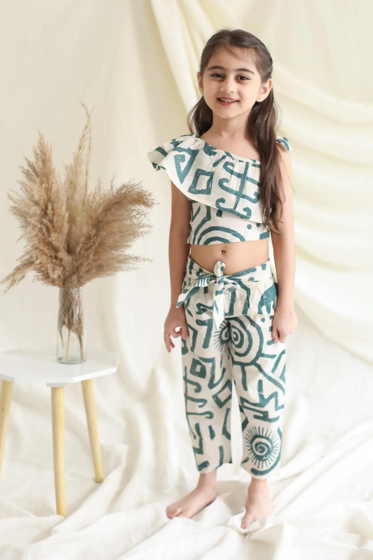 Klingaru Top and Pant Set - Beige Green Abstract