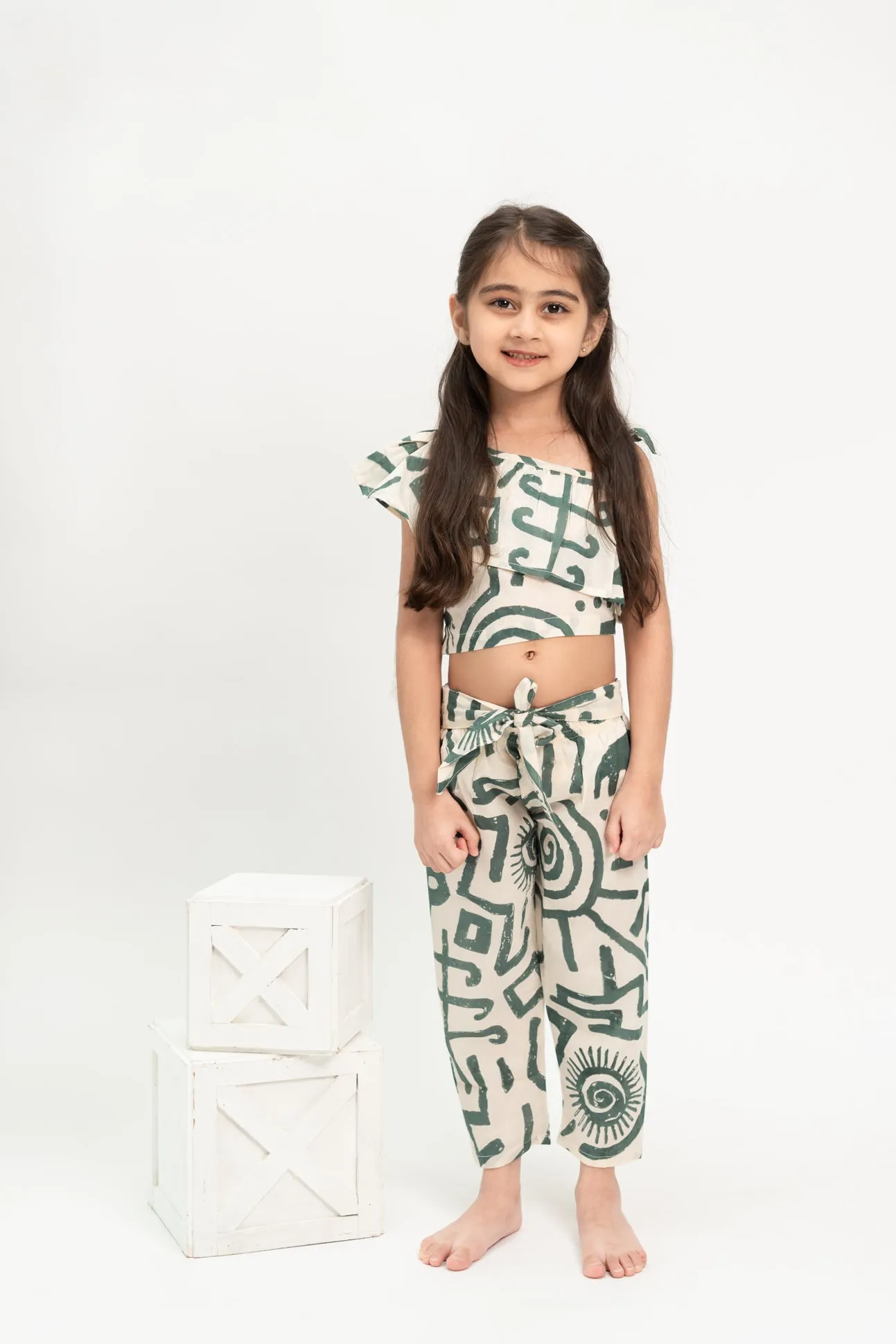 Klingaru Top and Pant Set - Beige Green Abstract
