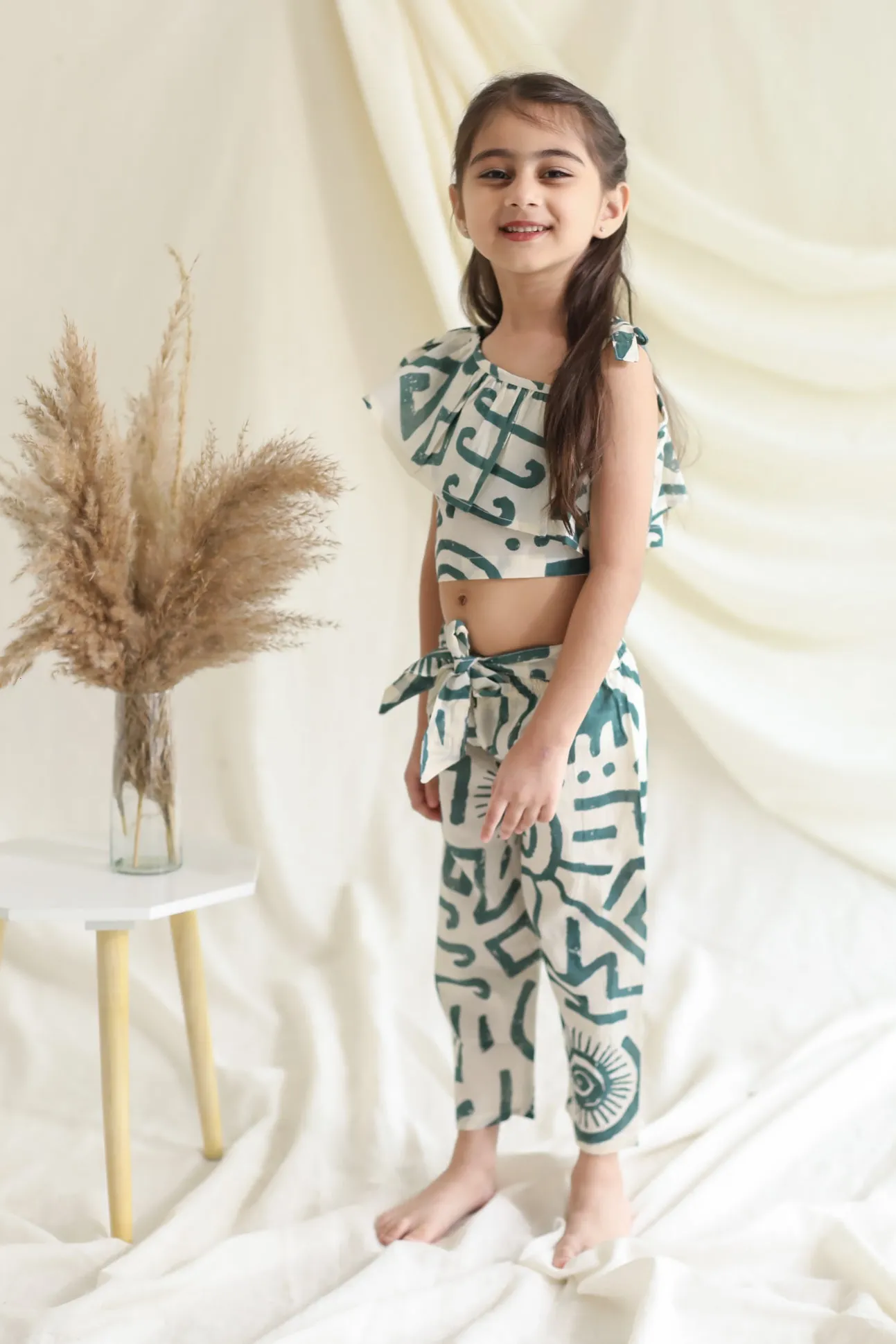 Klingaru Top and Pant Set - Beige Green Abstract