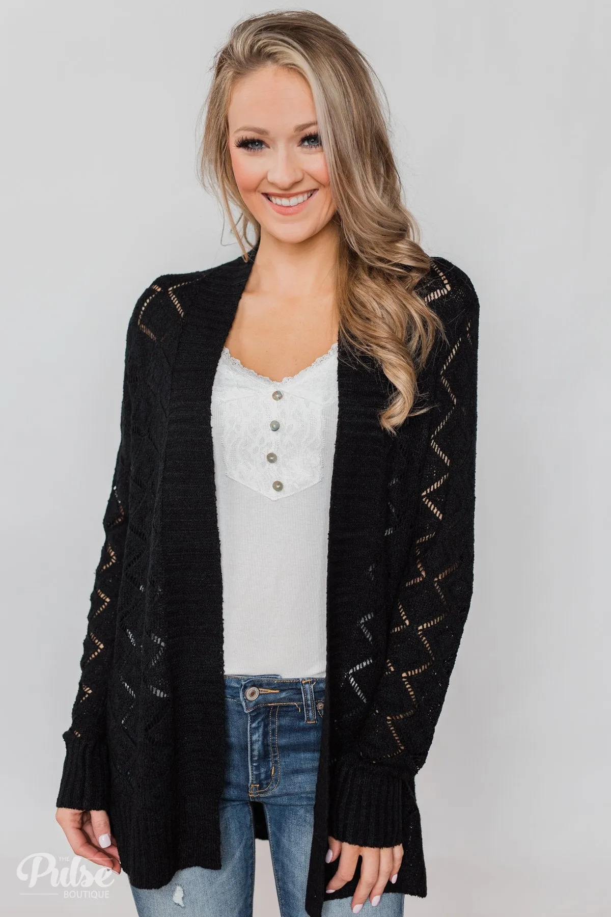 Knit Pointelle Cardigan - Black