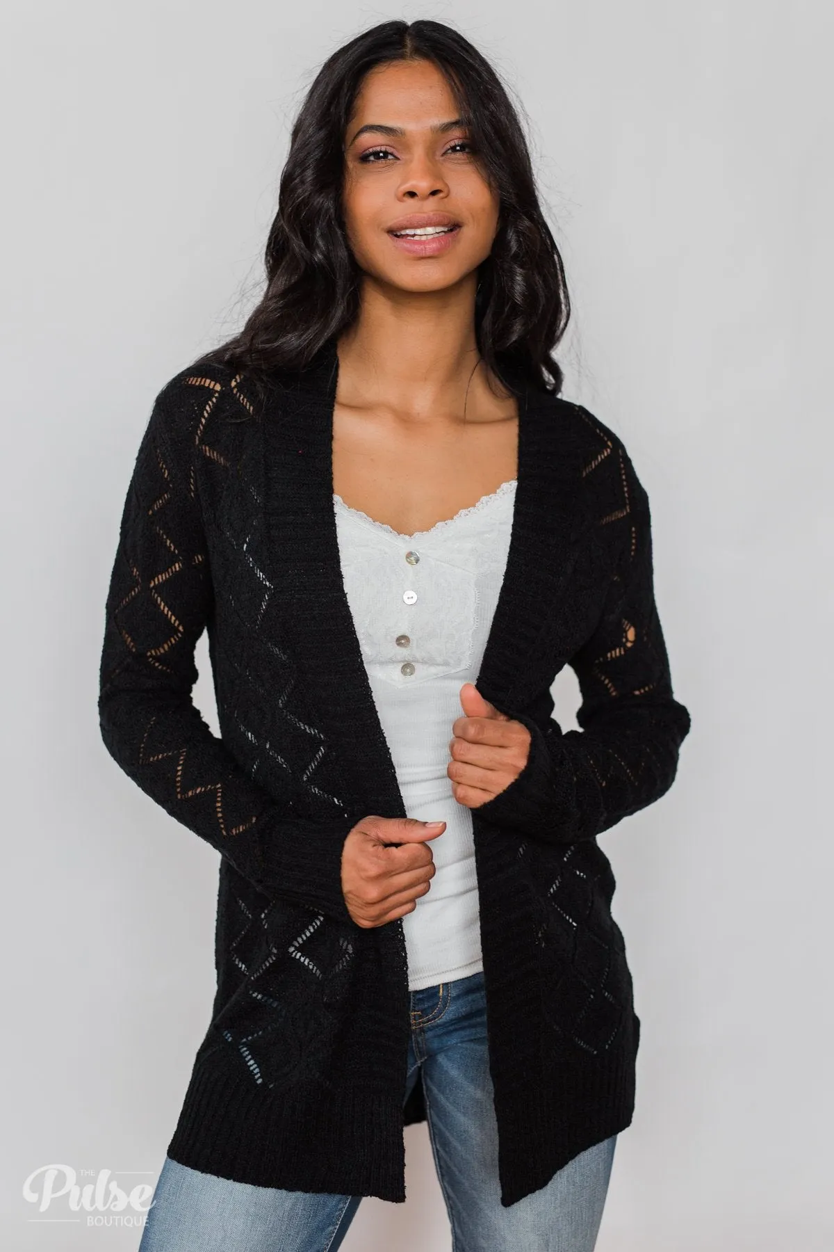 Knit Pointelle Cardigan - Black