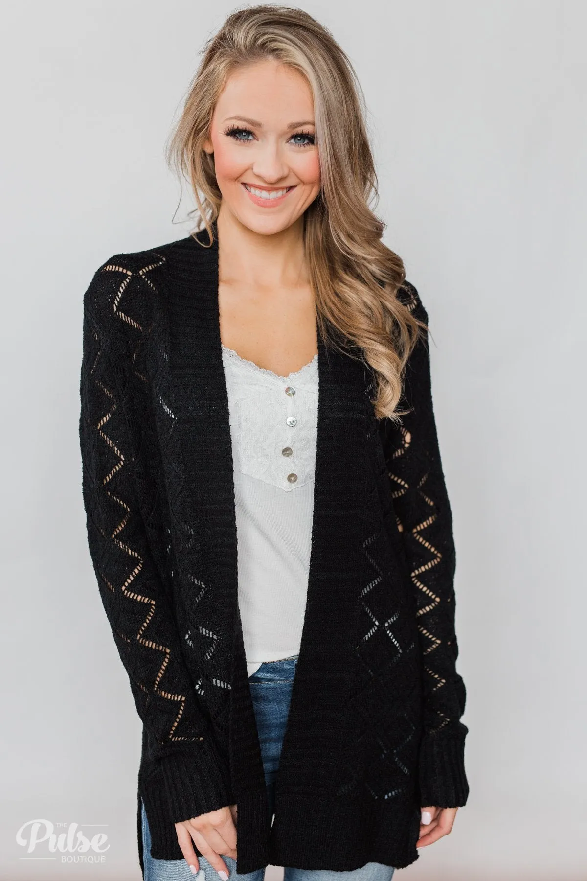 Knit Pointelle Cardigan - Black