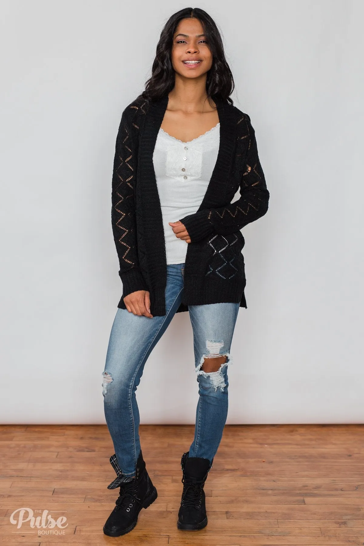 Knit Pointelle Cardigan - Black