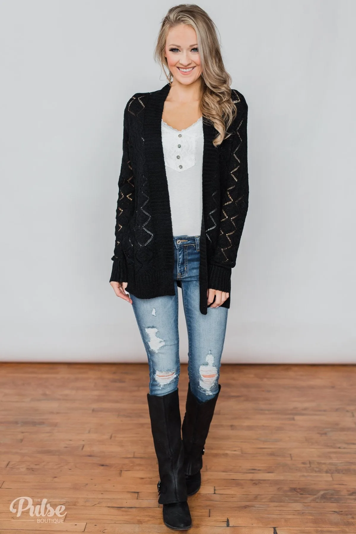 Knit Pointelle Cardigan - Black