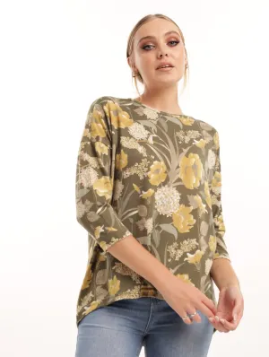 Ladies Loose Drop Shoulder Hilo 3/4 Sleeve Tee - Floral