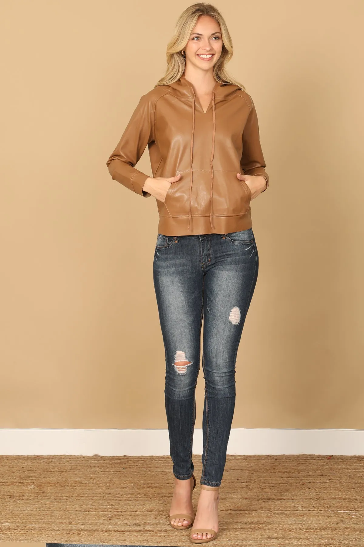 LEATHER DRAWSTRING HOODIE TOP