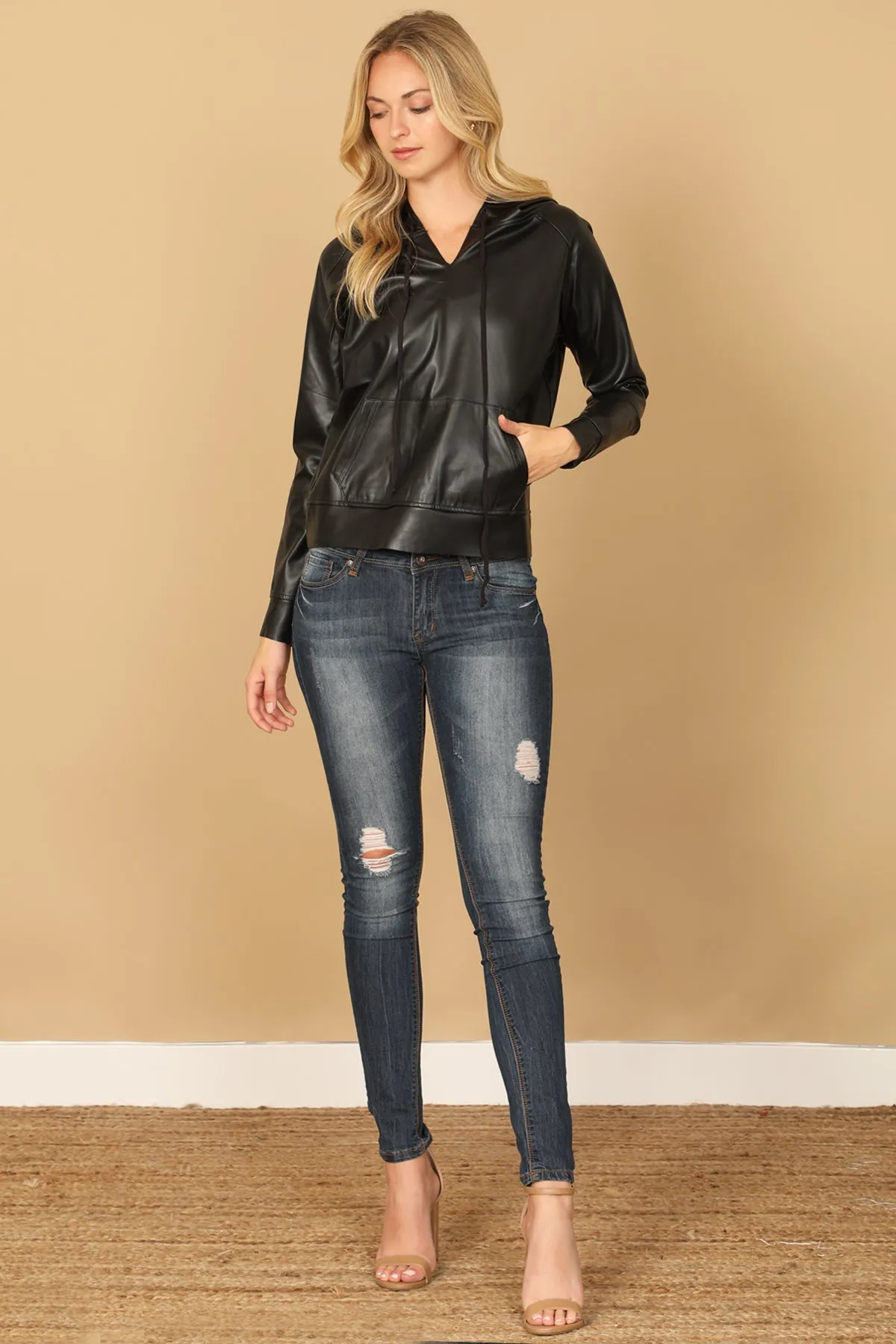 LEATHER DRAWSTRING HOODIE TOP
