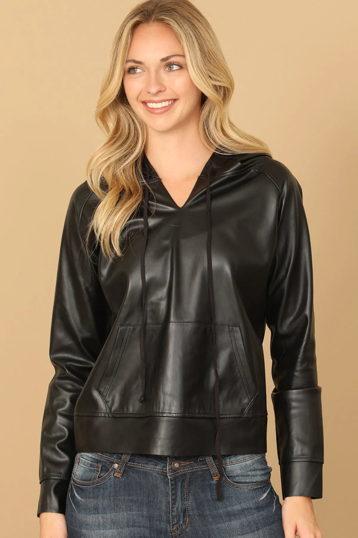 LEATHER DRAWSTRING HOODIE TOP