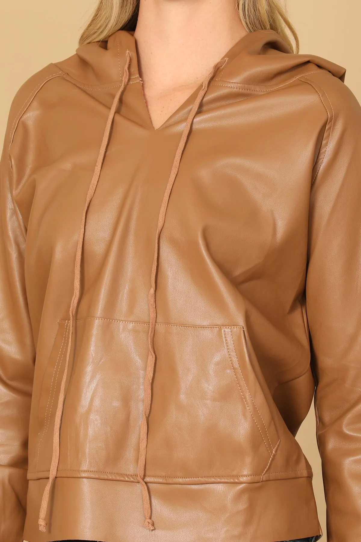 LEATHER DRAWSTRING HOODIE TOP