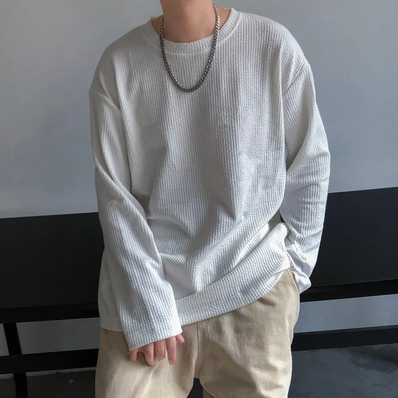 Legible Spring Autumn Long Sleeve T Shirts Men Casual Loose O Neck Collar White T-shirt Male Solid Tee Shirts Man