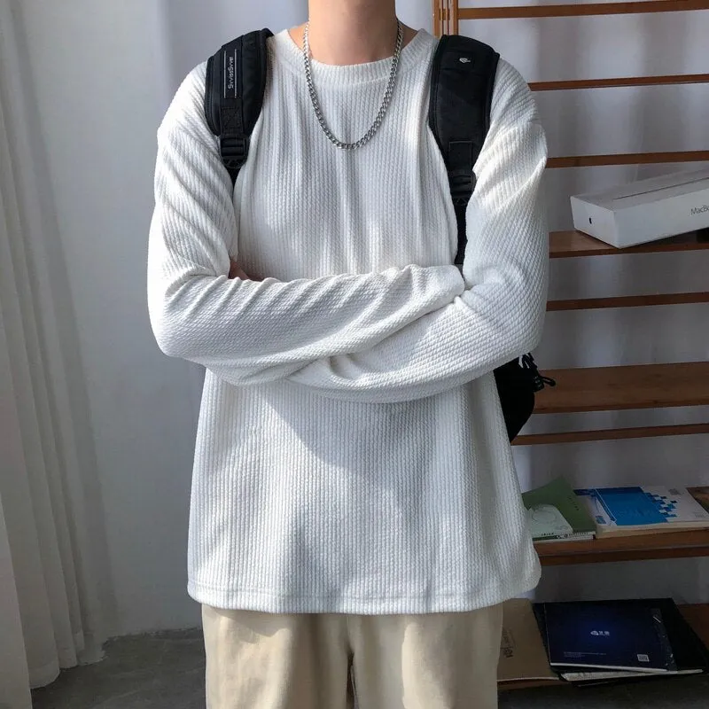 Legible Spring Autumn Long Sleeve T Shirts Men Casual Loose O Neck Collar White T-shirt Male Solid Tee Shirts Man