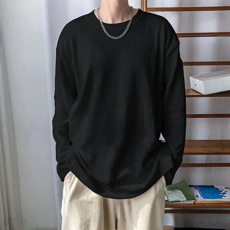 Legible Spring Autumn Long Sleeve T Shirts Men Casual Loose O Neck Collar White T-shirt Male Solid Tee Shirts Man