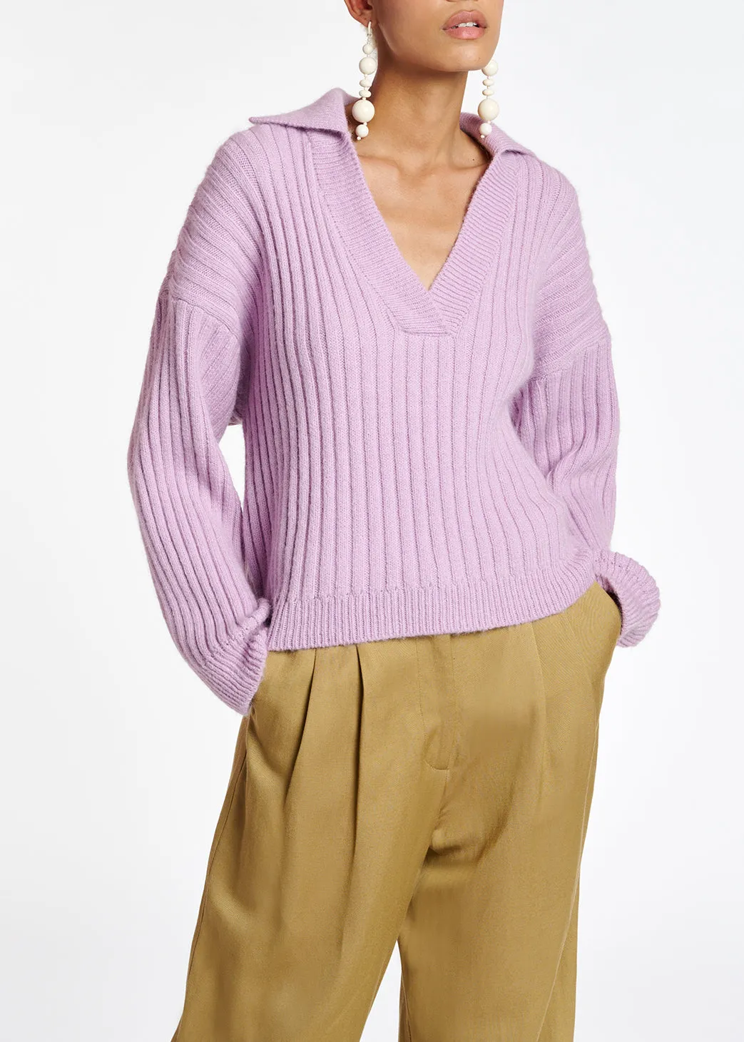 Lilac V-neck ribbed-knit sweater