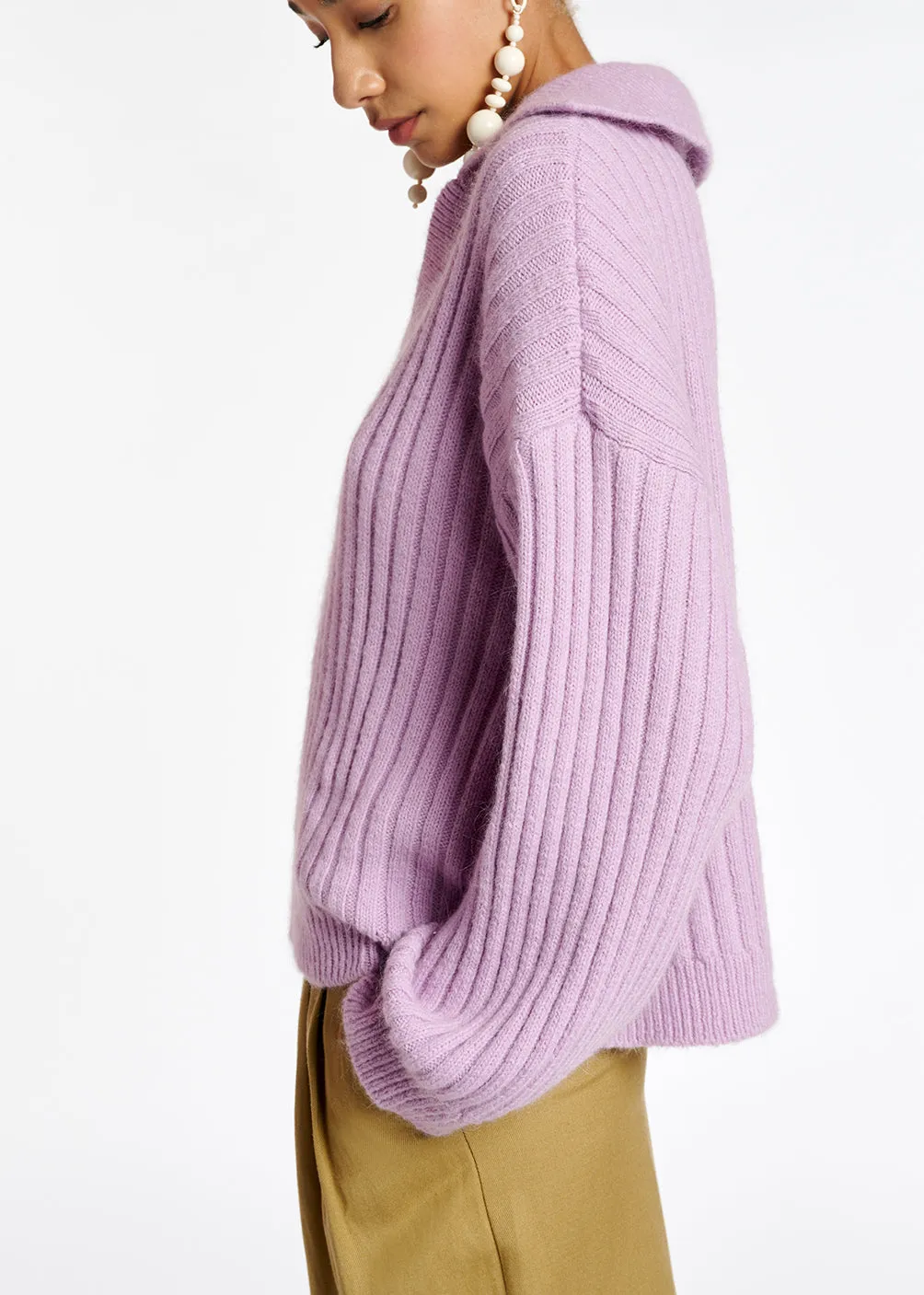 Lilac V-neck ribbed-knit sweater