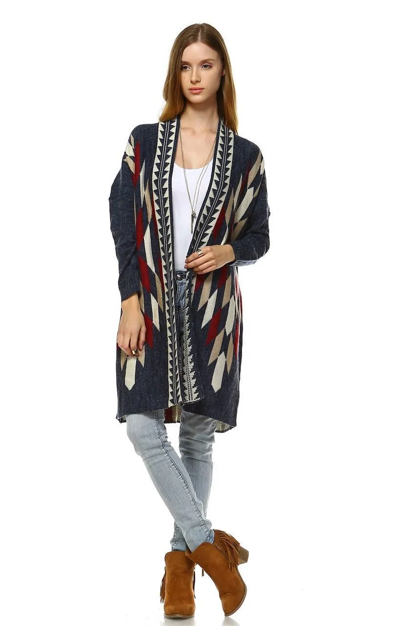 Long Aztec Cardigan Tribal Sweater Border Diamond Navy